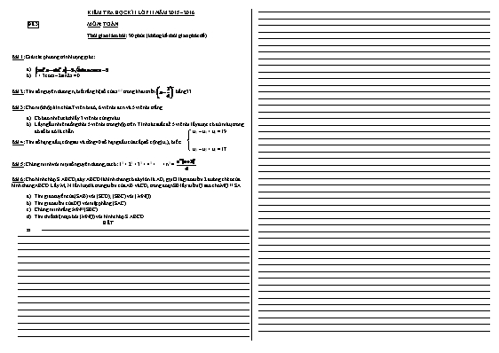 Đề kiểm tra học kì I năm 2015  2016 môn Toán - Đề 2